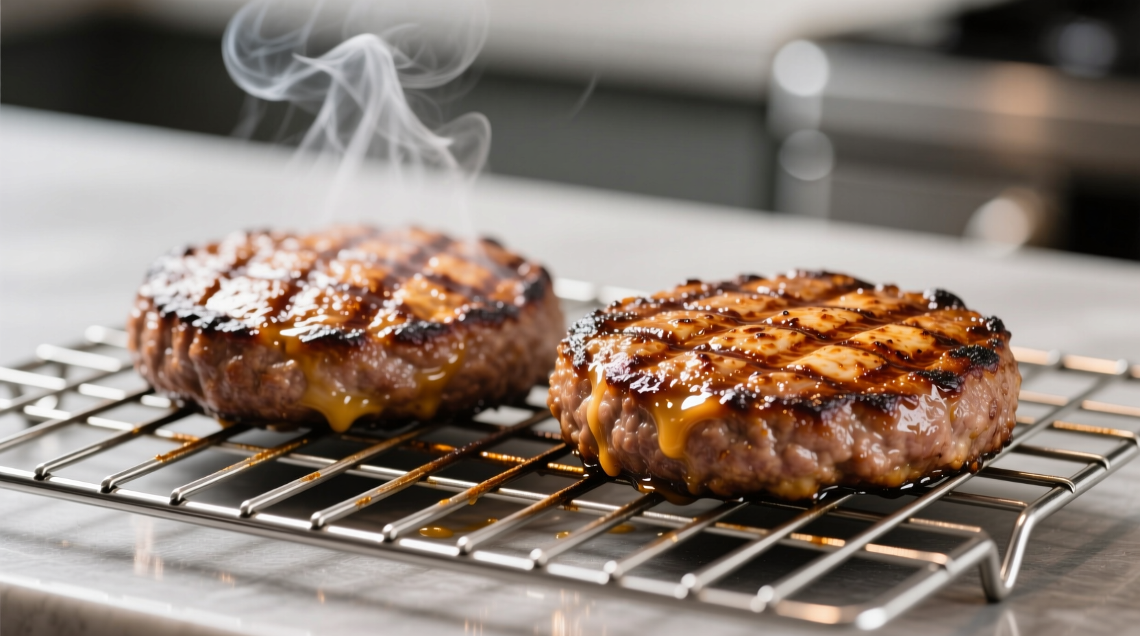 Perfectly cooked hamburger patties on wire rack