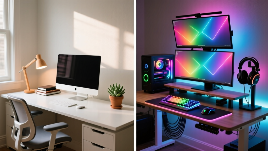 Split-screen holiday gift guide showing a basic minimalist home office desk setup next to a complex multi-monitor expert workspace with RGB lighting