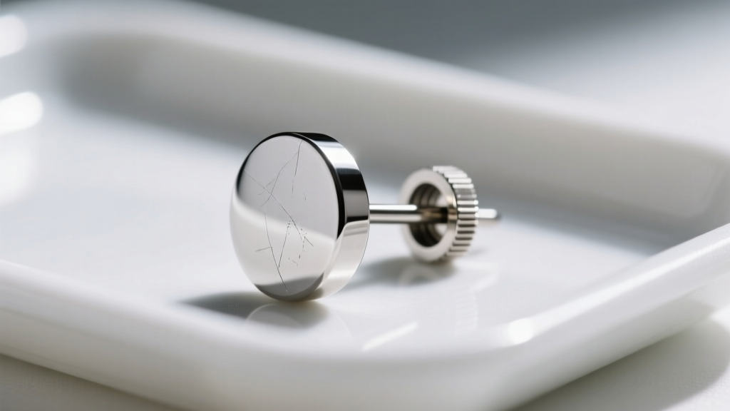 Close-up of a titanium rod earring on a sterile tray, showing the mirror polish finish, flat back disc, and internal threading.