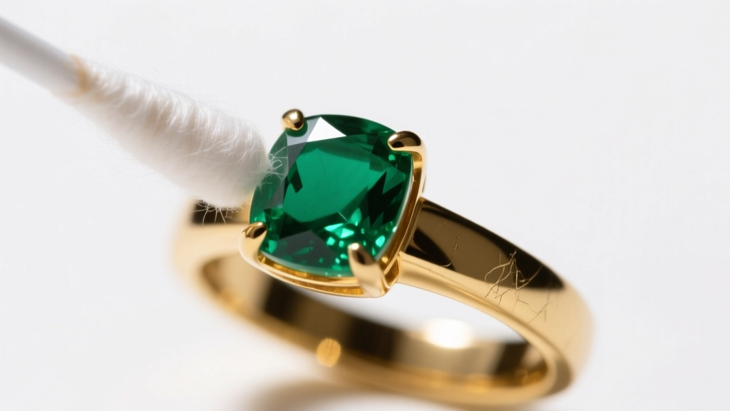 Macro shot of a cotton swab cleaning the 18k gold band of an emerald ring, carefully avoiding the fragile green gemstone surface