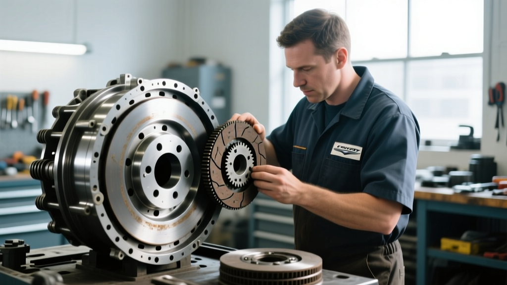 Certified mechanic inspecting worn friction clutch packs inside a disassembled Chrysler 9.25 rear axle differential carrier assembly