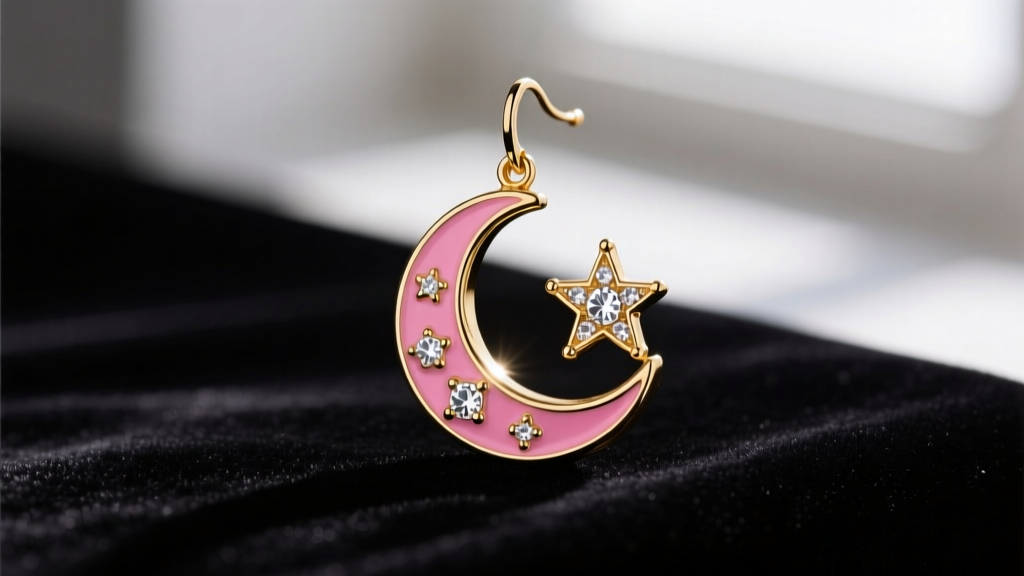 Gold-tone Betsey Johnson dangle earring with crescent moon and star motif, pink enamel, and clear rhinestones on black velvet.