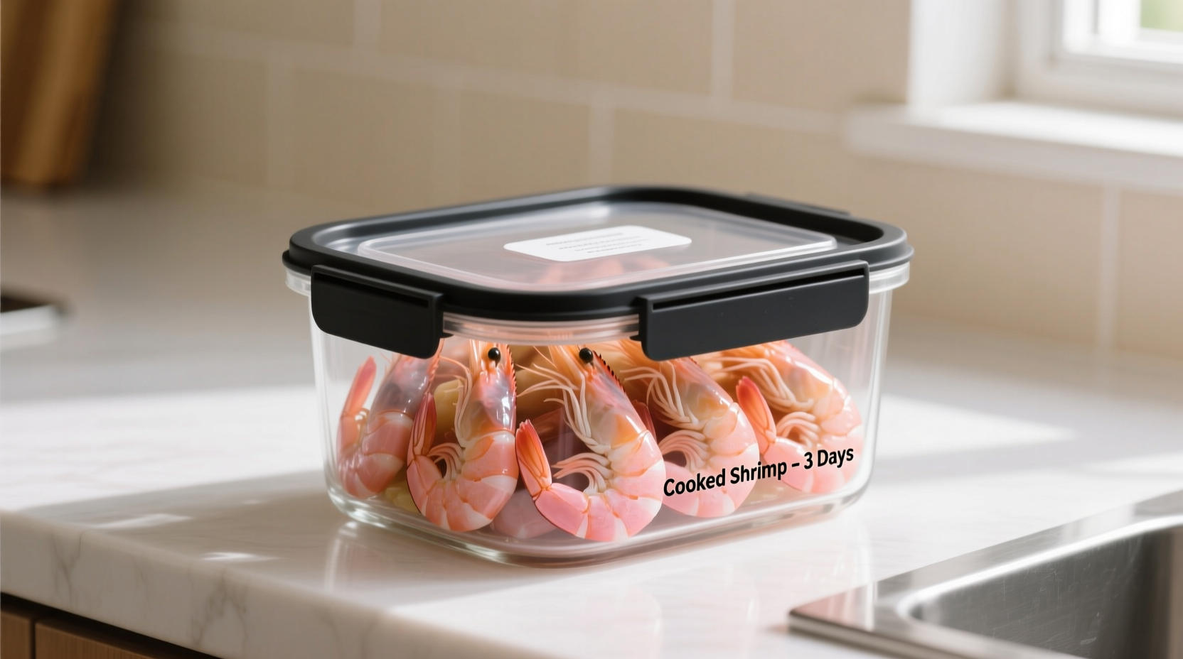 Properly stored cooked shrimp in airtight container