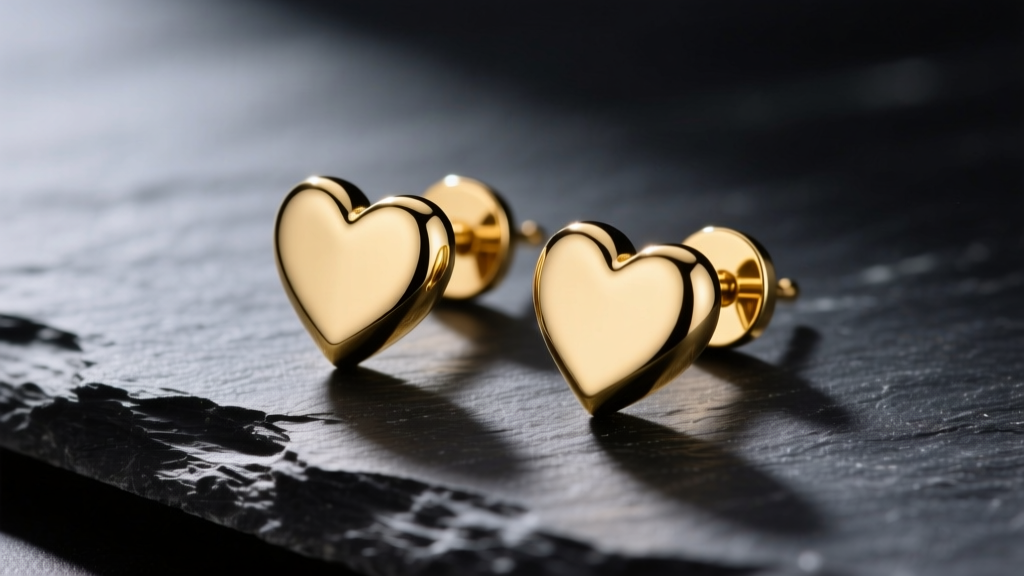 Close-up of solid 14k yellow gold heart stud earrings resting on dark slate, illuminated by soft directional studio lighting.