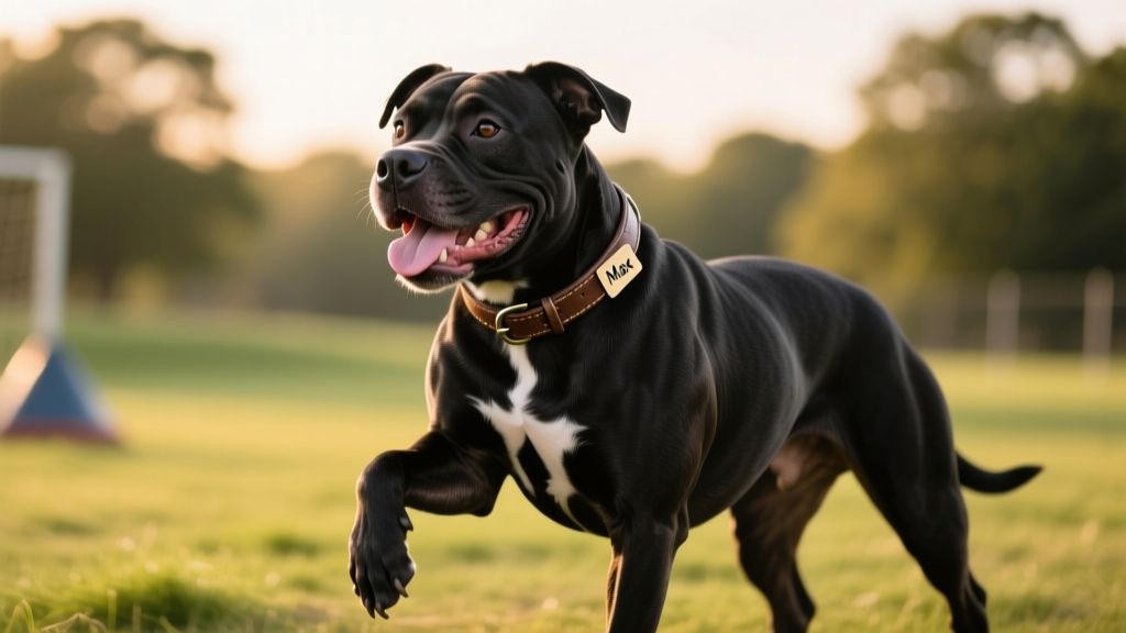 A muscular yet friendly Pitbull smiling during a training session, demonstrating focus and enthusiasm