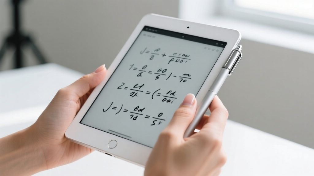 Close-up of hands holding a white e-ink tablet displaying handwritten calculus notes with a silver magnetic stylus attached to the side
