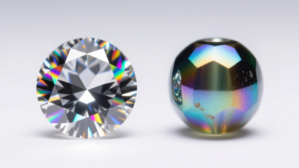 Side-by-side macro comparison of a high-lead Swarovski AB crystal and a standard Czech glass AB bead under direct halogen lighting