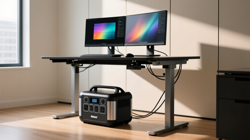 Portable desktop power station and UPS battery backup sitting beneath a motorized standing desk, powering a dual-monitor workstation.