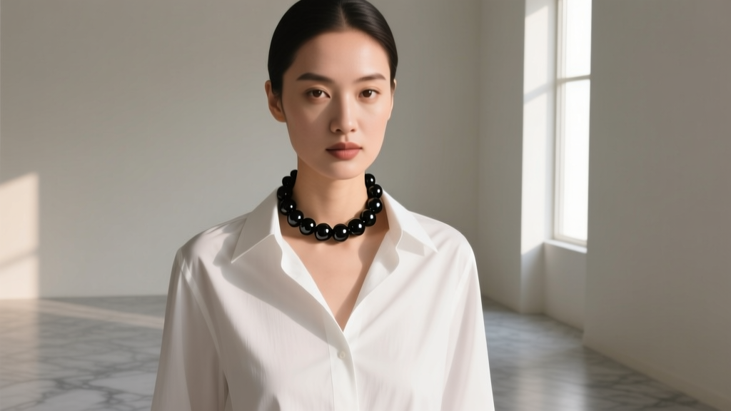 Woman wearing a black glass bead choker necklace with a crisp white button-down shirt, soft natural lighting, elegant minimalist.