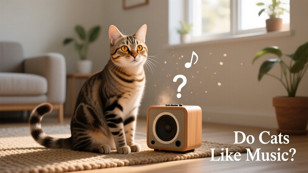 A relaxed cat sitting near a small speaker, ears perked forward, tail gently curled