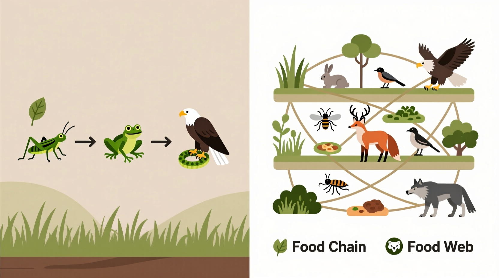 Food chain versus food web visual comparison showing linear sequence versus interconnected network