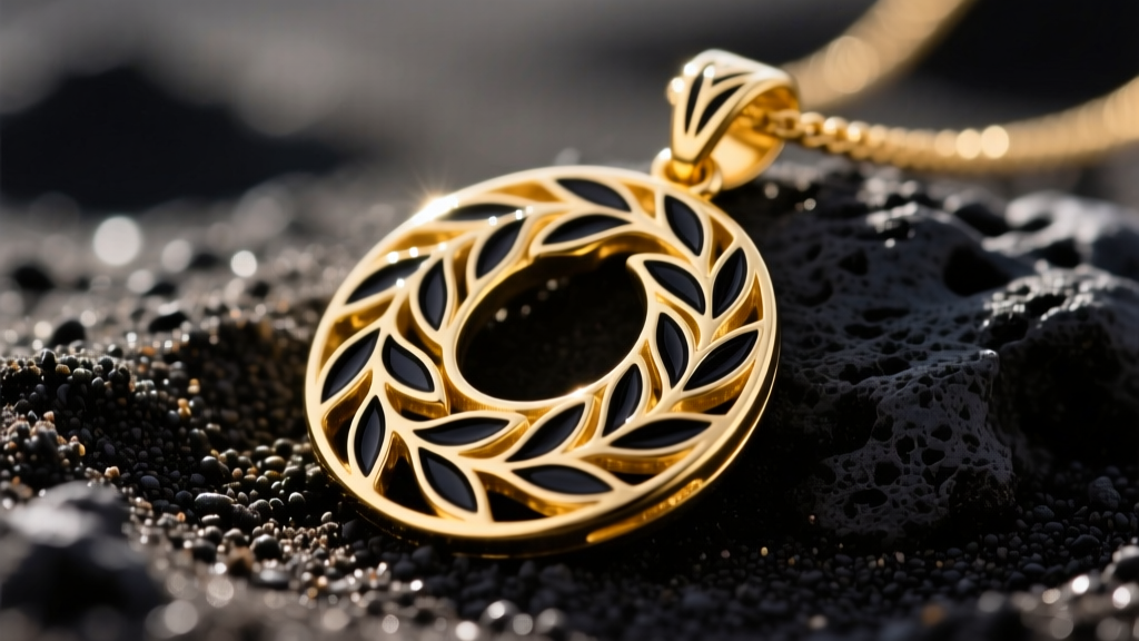 Close-up of a 14k yellow gold Hawaiian heirloom pendant with black enamel maile leaf scrollwork resting on dark volcanic sand.
