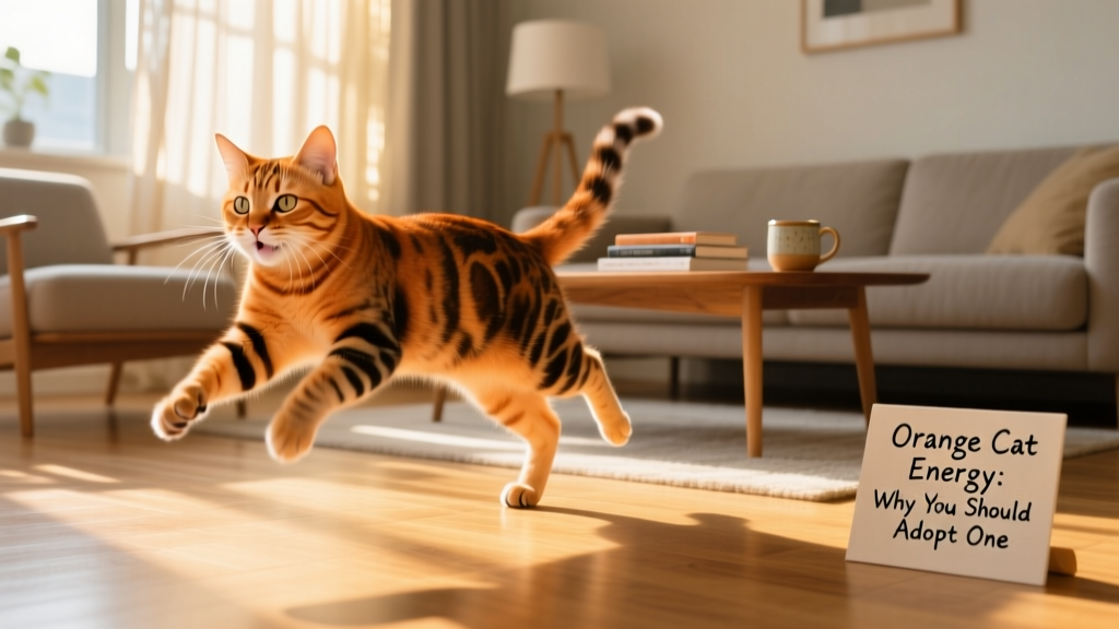 A playful orange tabby cat mid-zoomie sprint across a sunlit living room floor