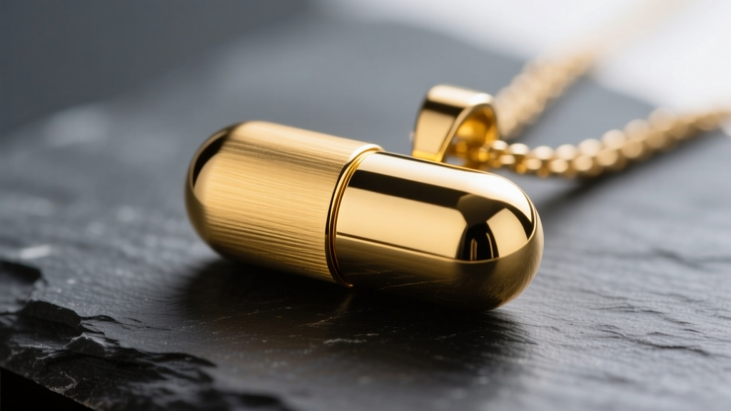 Macro shot of a brushed 14k yellow gold chill pill pendant on dark slate, highlighting the capsule seam and metallic reflections.