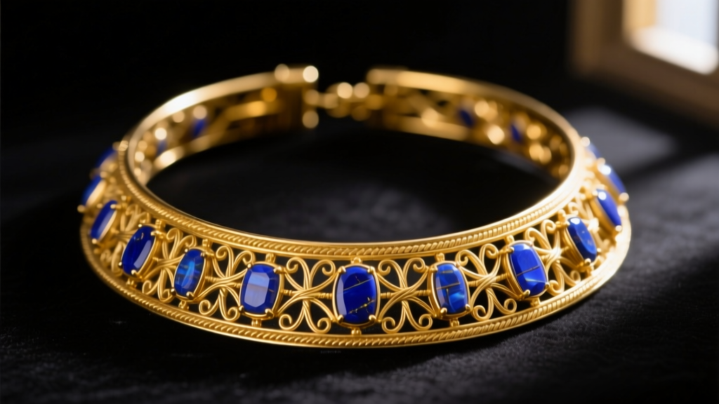 Close-up of a 21-karat yellow gold Egyptian collar necklace with lapis lazuli inlays and fine filigree wirework on dark velvet