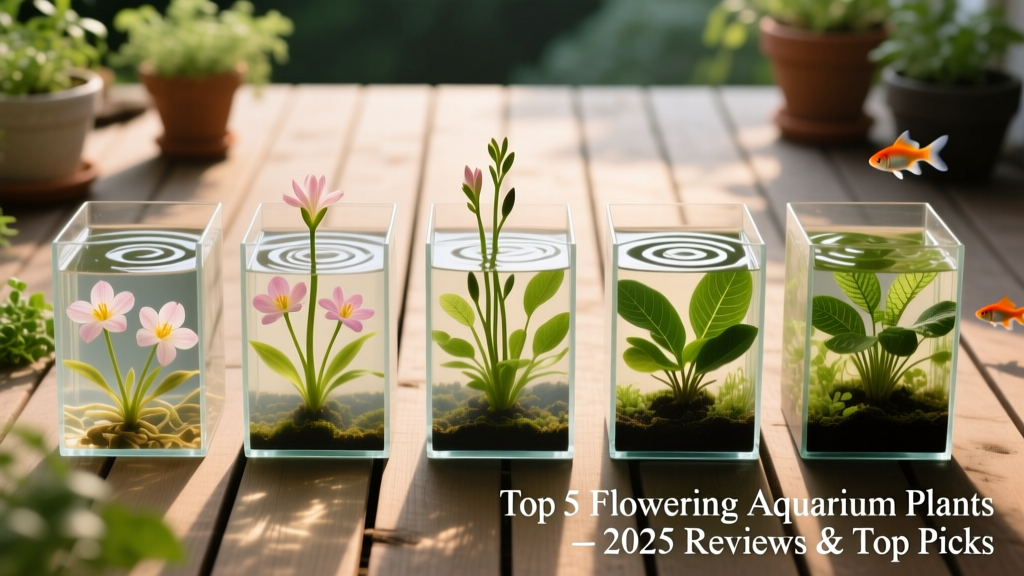 Side-by-side comparison of five popular flowering aquarium plants in different growth stages, including submerged blooms and emergent flower stalks