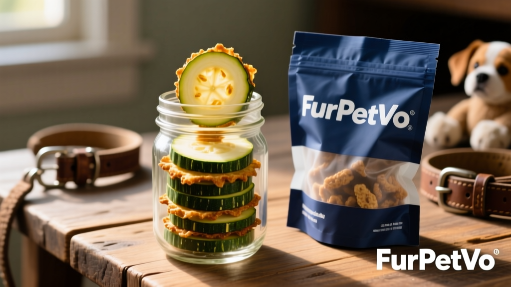 Crispy zucchini slices arranged in a glass jar with FurPetVo branding visible on a nearby treat bag