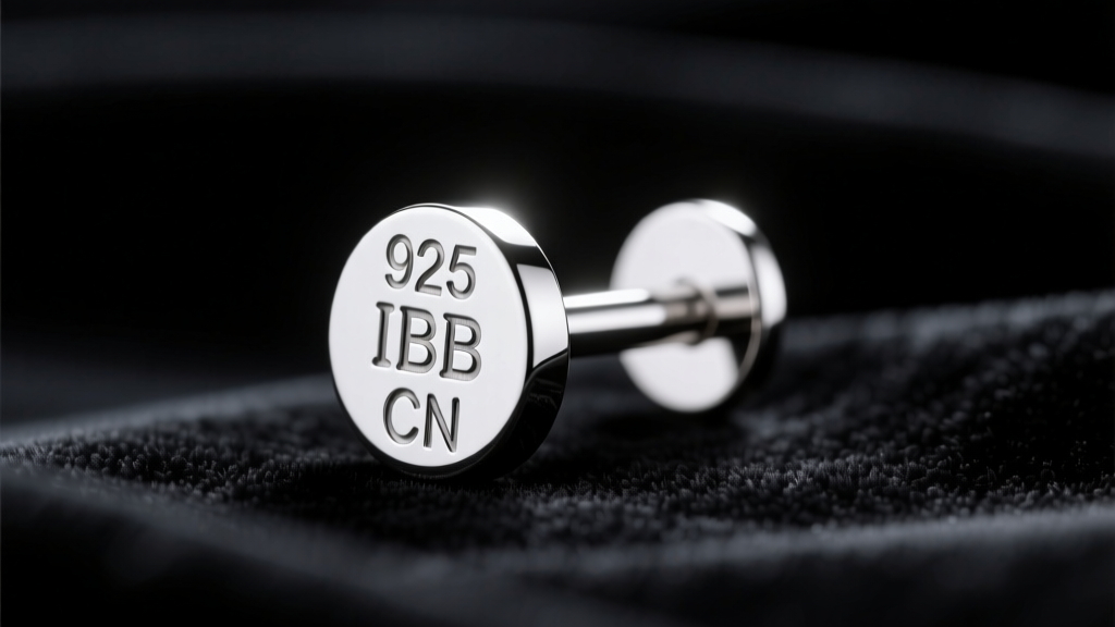 Close-up of a silver earring post showing the engraved 925 IBB CN hallmark stamp under bright lighting on a dark velvet backdrop