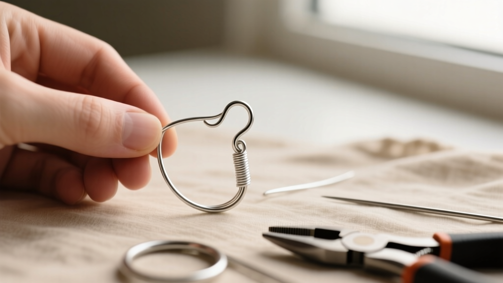 Lay-flat earring crafting book showing a macro tutorial for bending 20-gauge sterling silver wire into custom French hooks.
