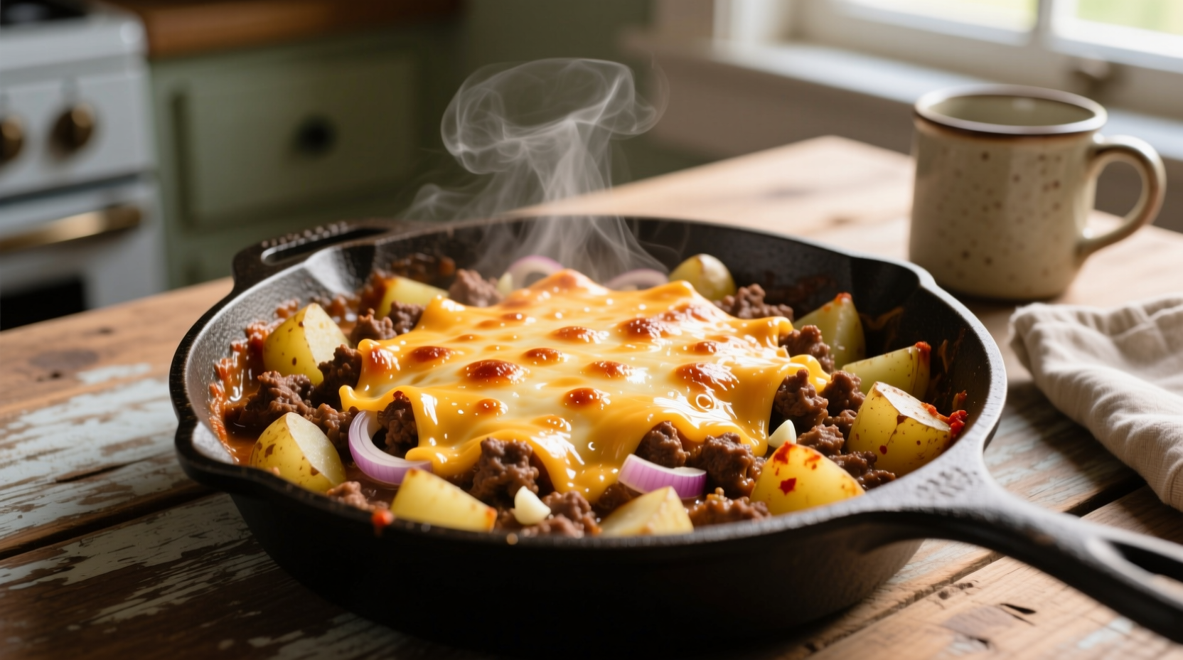One-pot ground beef and potato skillet with melted cheese topping