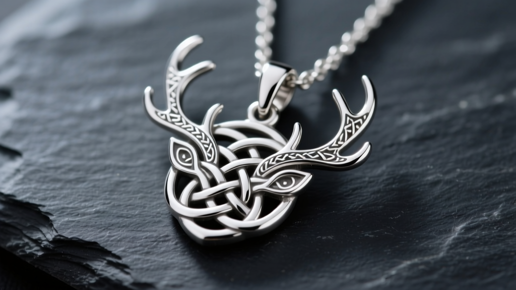 Macro shot of a 925 sterling silver hart necklace pendant with Celtic knotwork in stag antlers, resting on dark slate background.