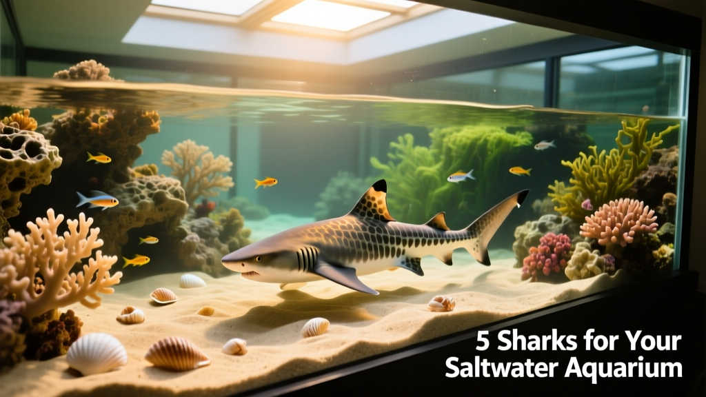 Overhead view of a well-planted, spacious saltwater aquarium with a Coral Catshark gliding near a sandy patch and live rock formation
