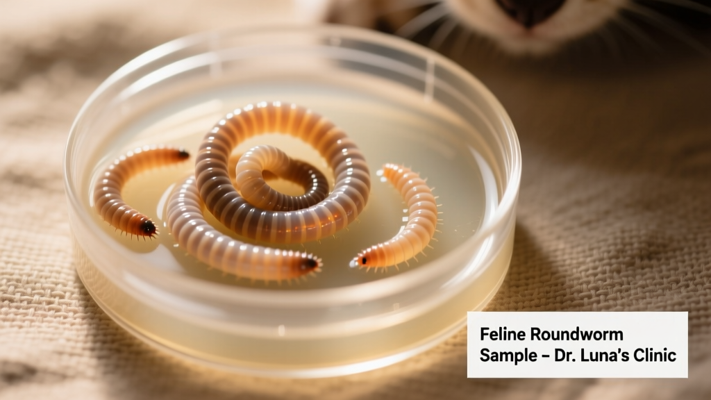 Close-up photo of roundworms coiled in a pet fecal sample container