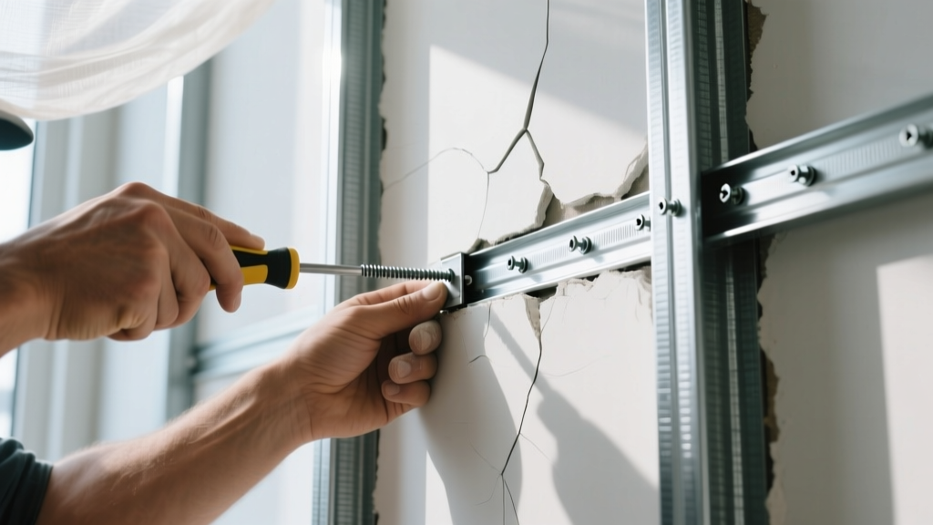 Contractor repairing a cracked drywall joint on a galvanized steel stud wall using a slip deflection track and fine-thread drywall screws