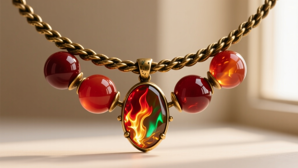 Close-up of a fantasy brass necklace with three spherical carnelian beads and a central fire agate pendant on a thick rope chain.