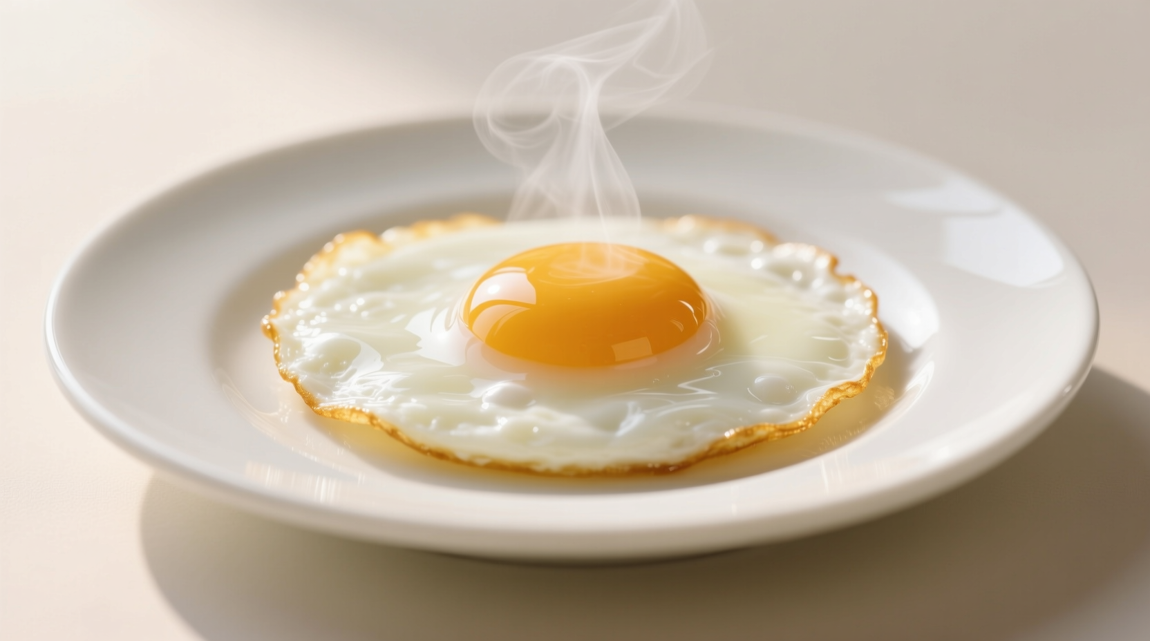 Perfect over easy eggs with runny yolk on white plate