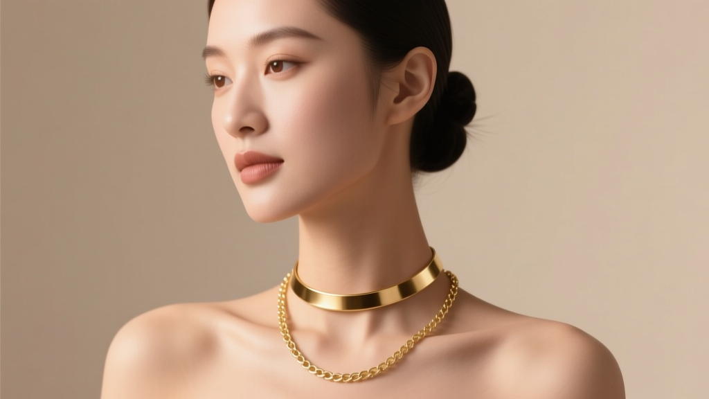 Elegant woman wearing a 14k gold 16-inch choker and 18-inch princess chain, soft studio lighting, neutral backdrop.
