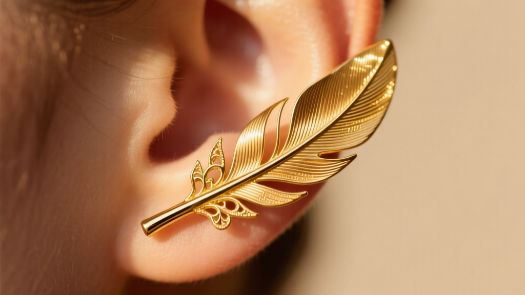Macro shot of a 14k gold feather earring on an ear, warm sunlight highlighting textured metal barbs and a delicate central quill.