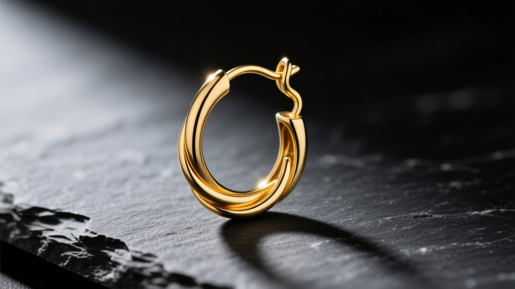 Close-up of a 20-gauge 14k yellow gold French hook earring resting on a dark slate surface, highlighting the curved wire and loop.