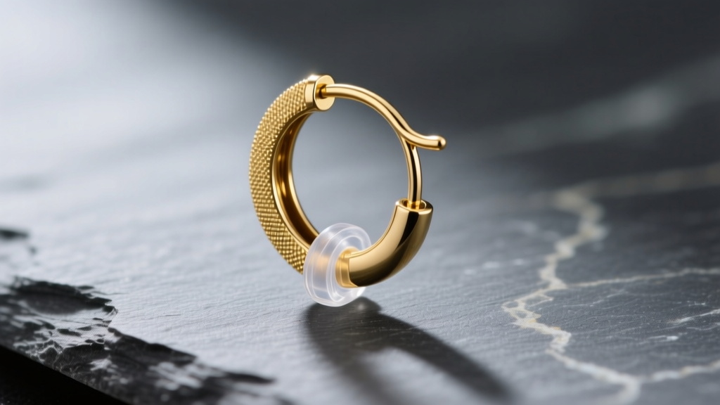 Macro shot of a reinforced 16-gauge gold French wire earring hook with a clear silicone support stopper against dark grey slate.
