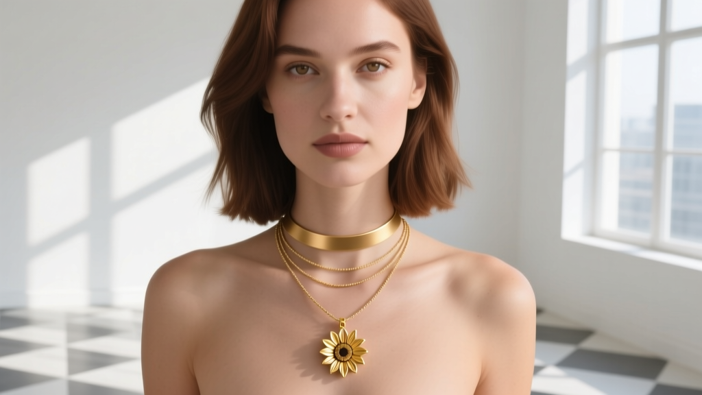 Woman wearing a layered necklace stack with a delicate 1mm cable chain holding a small gold sunflower pendant and a plain choker.