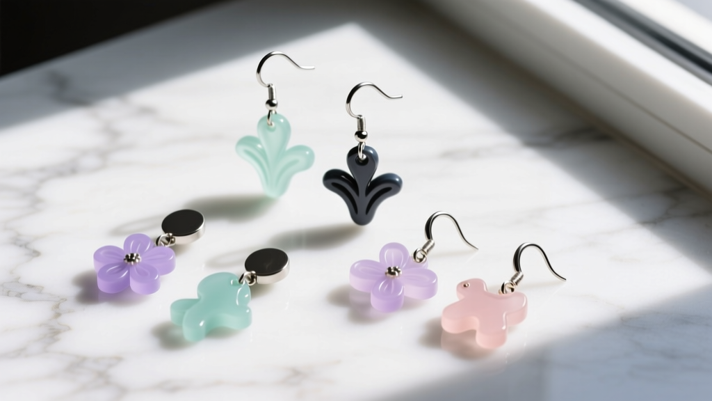 Flat lay of modular girls dangle earrings with detachable pastel bio-resin charms and anodized niobium hooks on marble stone