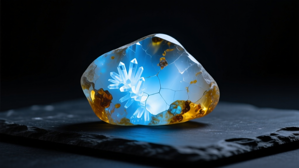 Raw unpolished Baltic amber rough stone on dark slate, illuminated by UV flashlight showing bright blue-white fluorescence.