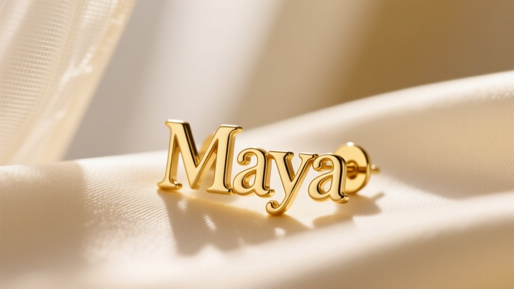 Macro shot of a 14k solid gold name stud earring spelling Maya resting on cream silk fabric, soft morning lighting, high detail.