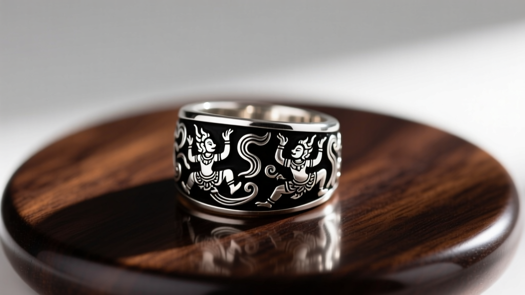 Thai Nielloware silver ring with black enamel inlay of mythical characters, resting on a polished dark wooden display.