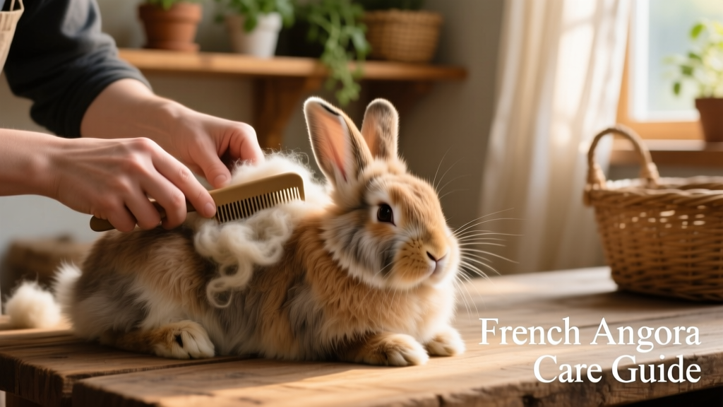 Hands gently combing loose wool from a relaxed French Angora, illustrating proper grooming technique and coat texture