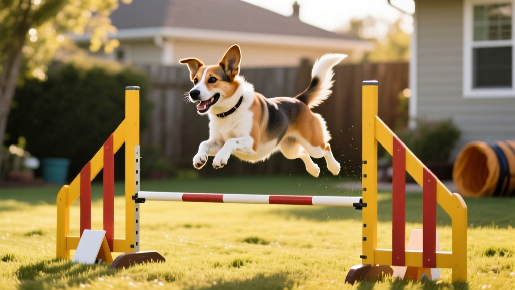 A dog happily leaping over a low agility jump in a sunlit backyard
