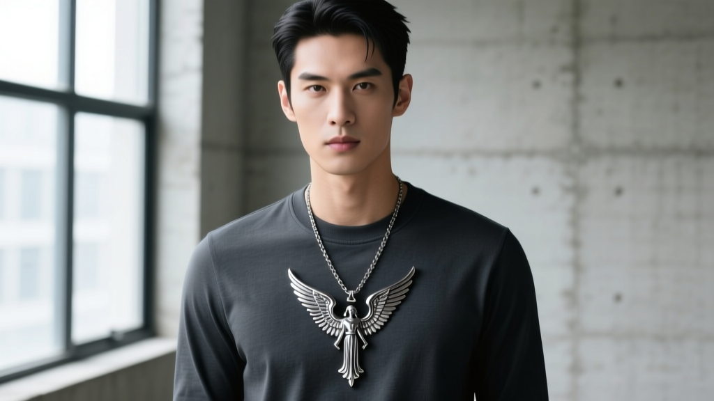 Male model wearing a 24-inch steel St Michael Archangel necklace that rests perfectly over a dark charcoal crew-neck cotton shirt.