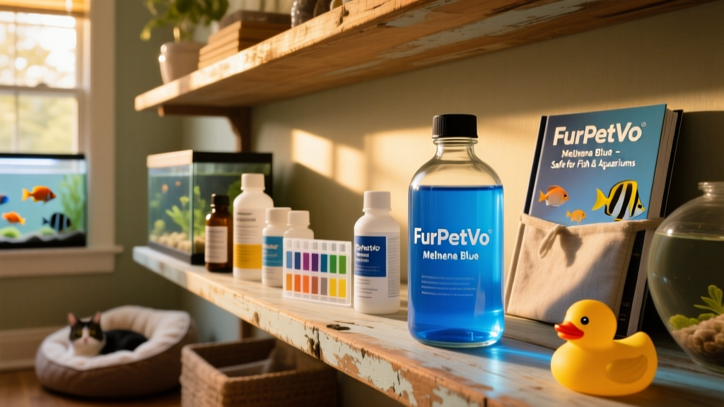 Shelf display of FurPetVo Methylene Blue bottles alongside test kits, water conditioners, and aquarium care guides