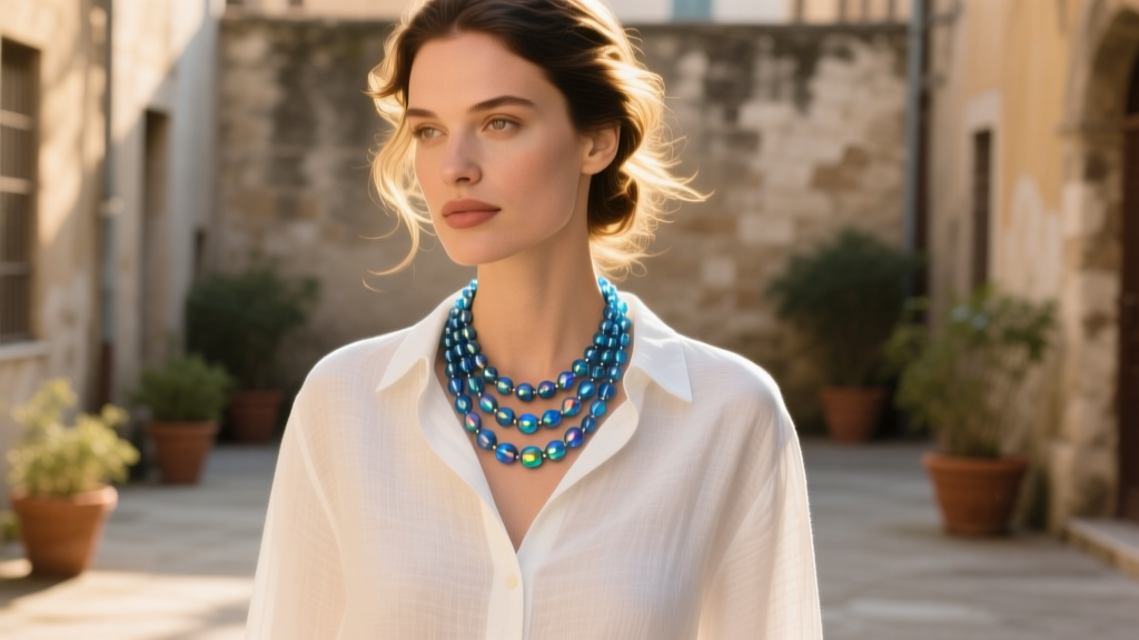 Woman wearing a layered vintage blue glass bead necklace over a crisp white linen button-down shirt in soft golden hour lighting.