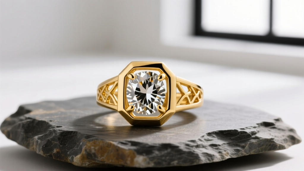 Macro shot of a bespoke 18k yellow gold and rough diamond cocktail ring resting on raw slate in a bright New Jersey studio.