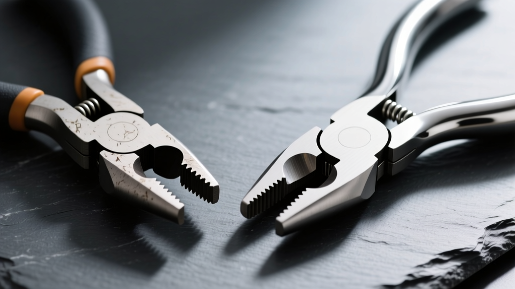 Comparison of budget kit serrated chain-nose pliers and premium polished stainless steel pliers resting on a dark slate surface.