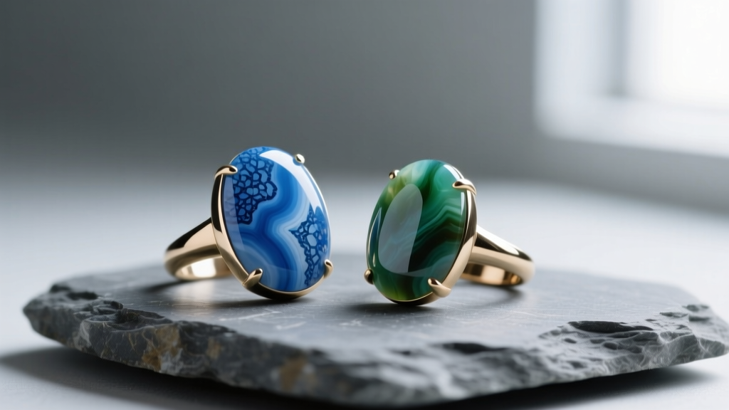 Polished blue lace agate and moss agate cabochon rings resting on raw gray slate, illuminated by soft natural window light