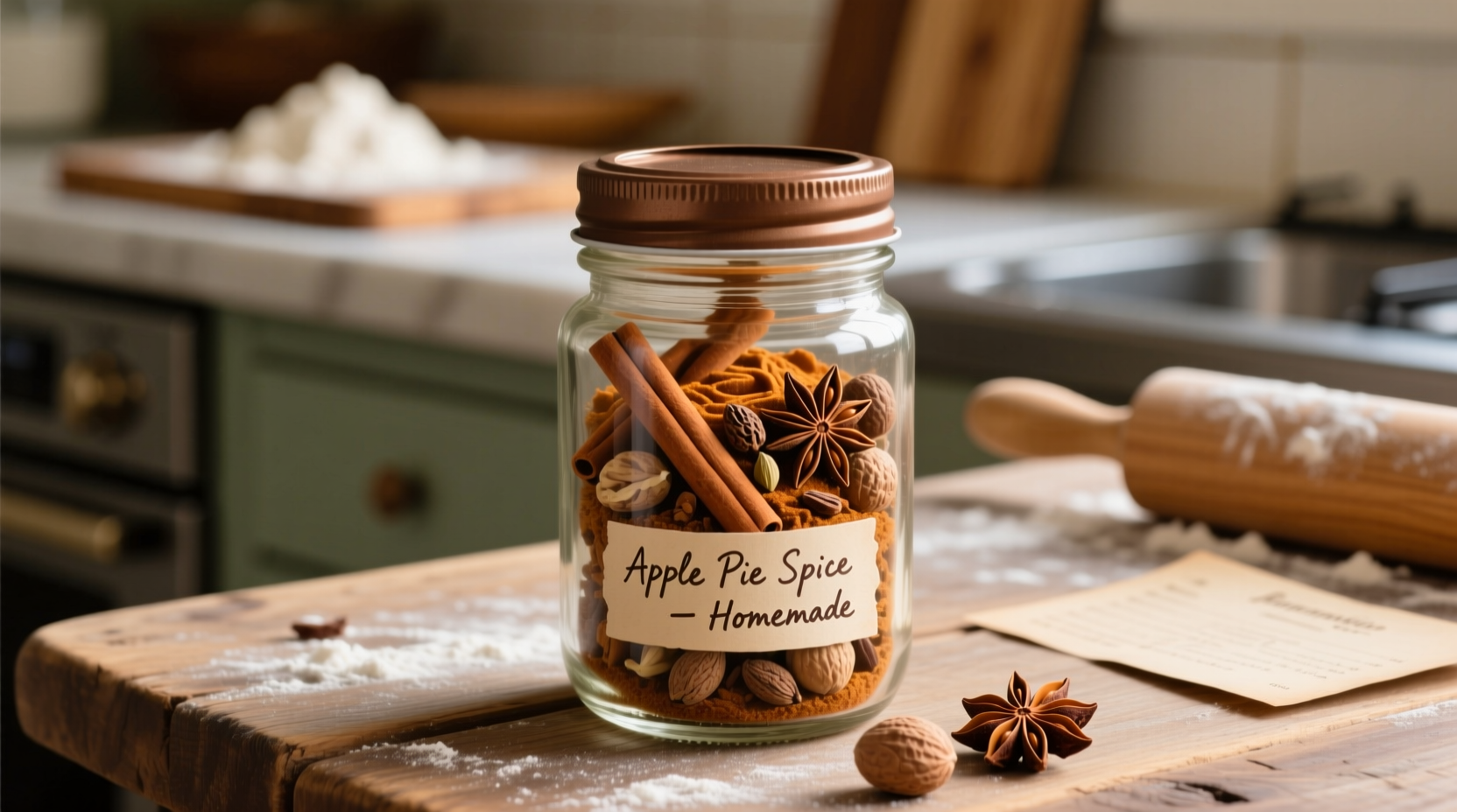 Homemade apple pie spice in glass jar with cinnamon sticks
