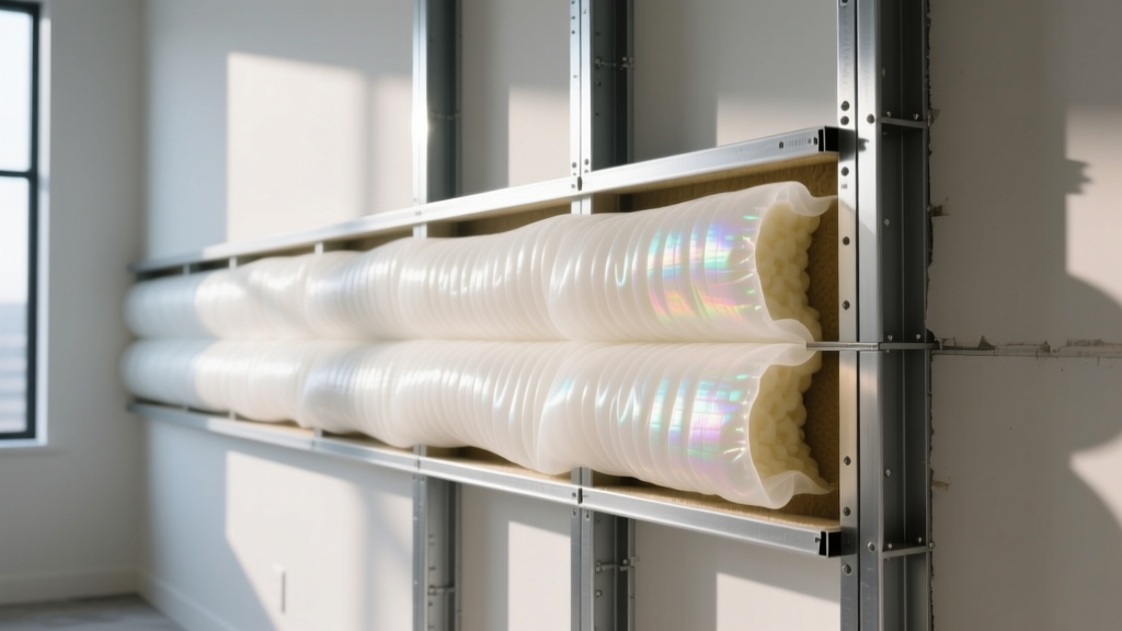 Cross-section of a modern wall cavity revealing thin, flexible silica aerogel insulation blanket layered behind structural steel studs in a commercial retrofit