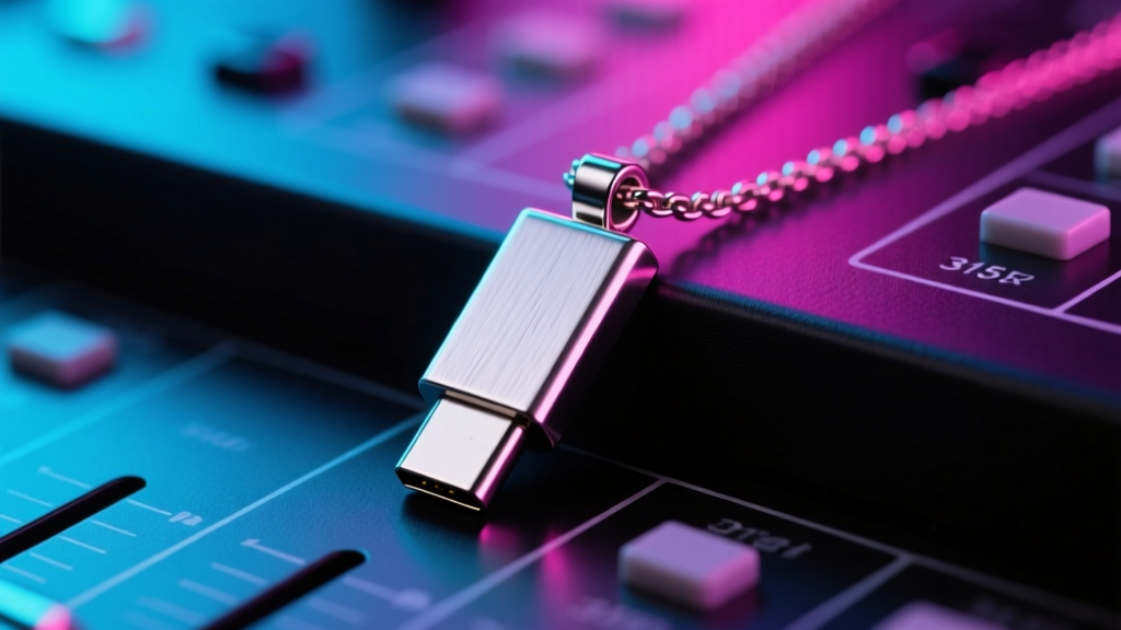 Close-up of a brushed 316L stainless steel USB-C pendant necklace resting on a black studio mixing console, moody neon lighting